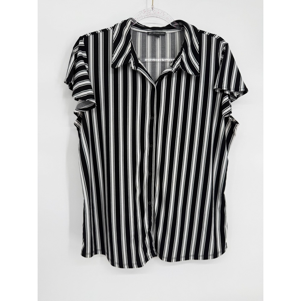 Adrianna Papell Womens Black White Striped Flutter Sleeve Button Up Blouse Sz L